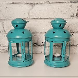 Vintage IKEA Teal Lantern Set Star Cutout 1999 Candle Holders